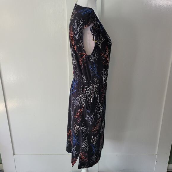 Liz Claiborne Size M Black Dress Branch Print Cap Sleeve Faux Wrap Waist - Picture 2 of 9